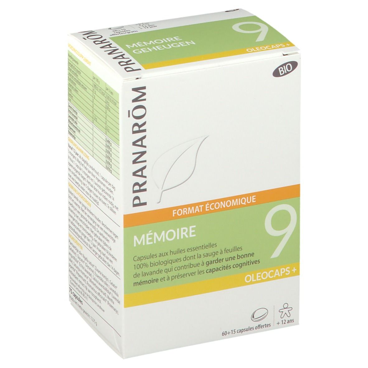 Weißer Karton mit PRANAROM-Logo und 'Mémoire 9'. 'Format économique' und BIO-Zertifizierung.