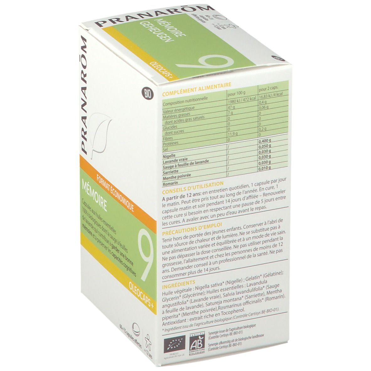 Karton mit Produktinformationen. 'Mémoire 9' Kapseln. 'Format économique'. BIO-Zertifizierung. Inhaltsstoffe und Anwendung.