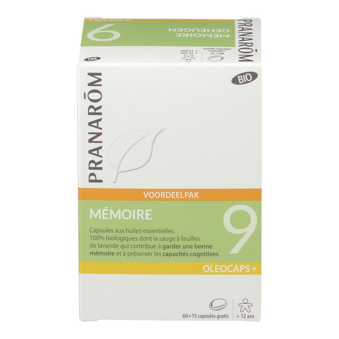 Weißer Karton mit PRANAROM-Logo und 'Mémoire 9'. 'Voordeelpak' und BIO-Zertifizierung.