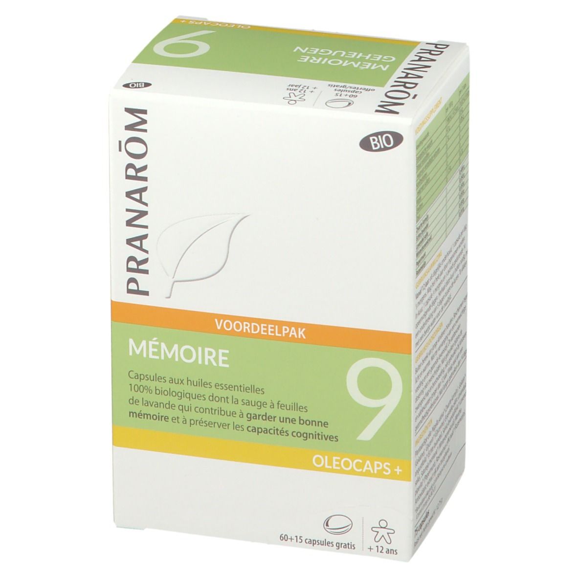 Weißer Karton mit PRANAROM-Logo und 'Mémoire 9'. 'Voordeelpak' und BIO-Zertifizierung.