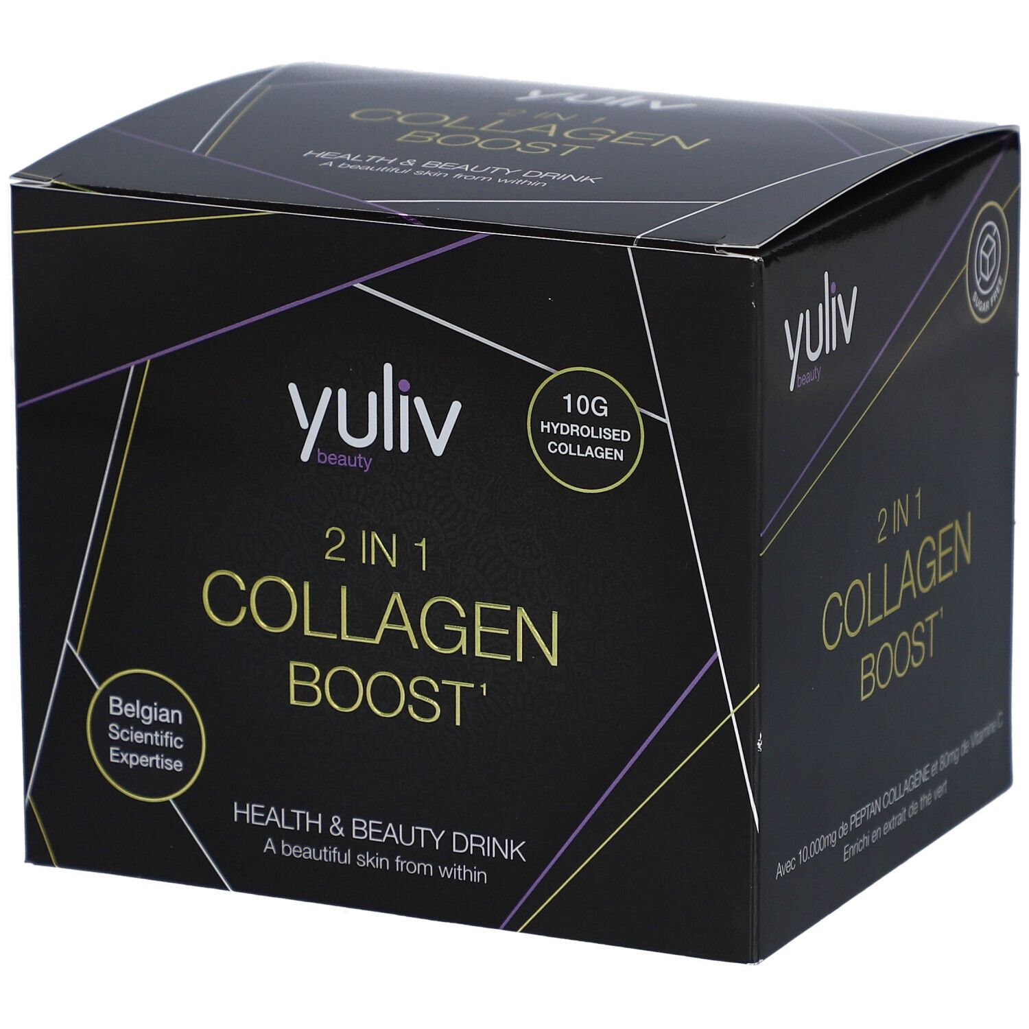 Boîte noire Yuliv Collagen Boost. Inscription : 2 en 1 Collagen Boost. Contient 10g de collagène hydrolysé.