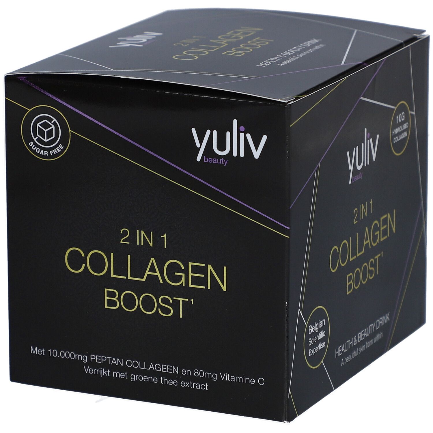 Boîte noire Yuliv Collagen Boost. Inscription : 2 en 1 Collagen Boost. Contient 10.000mg de collagène Peptan et 80mg de vitamine C.