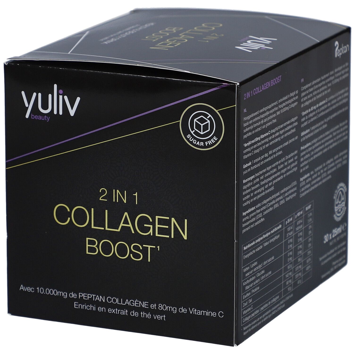 Boîte noire Yuliv Collagen Boost. Inscription : 2 en 1 Collagen Boost. Contient 10.000mg de collagène Peptan et 80mg de vitamine C.