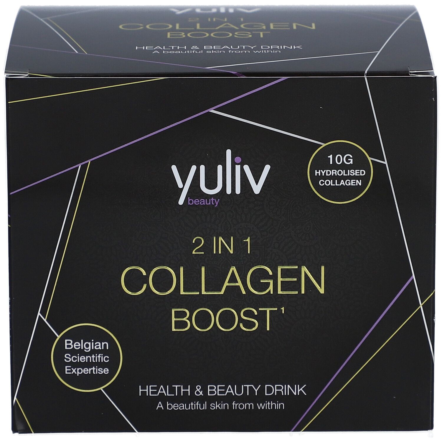 Boîte noire Yuliv Collagen Boost. Inscription : 2 en 1 Collagen Boost. Contient 10g de collagène hydrolysé.