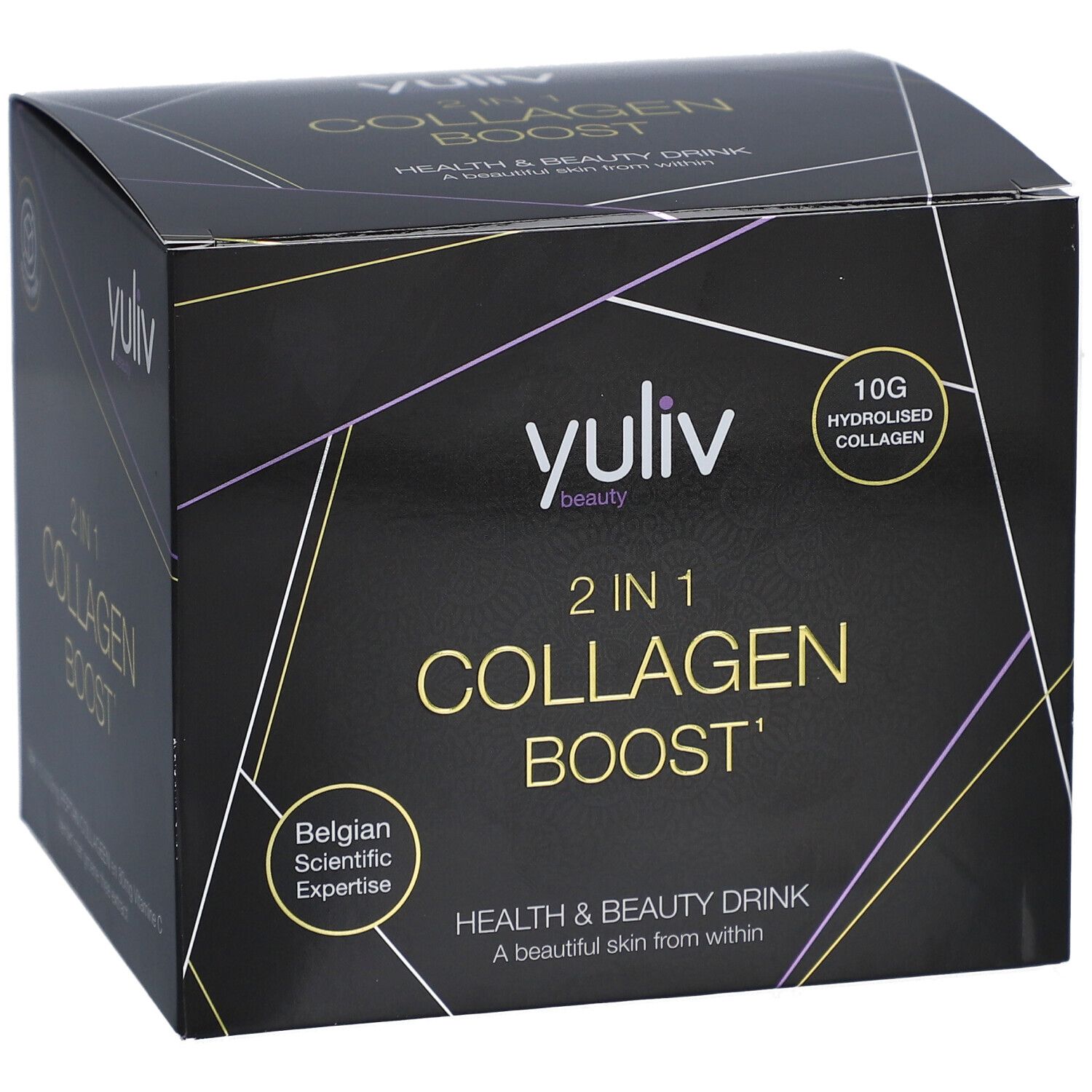 Boîte noire Yuliv Collagen Boost. Inscription : 2 en 1 Collagen Boost. Contient 10g de collagène hydrolysé.