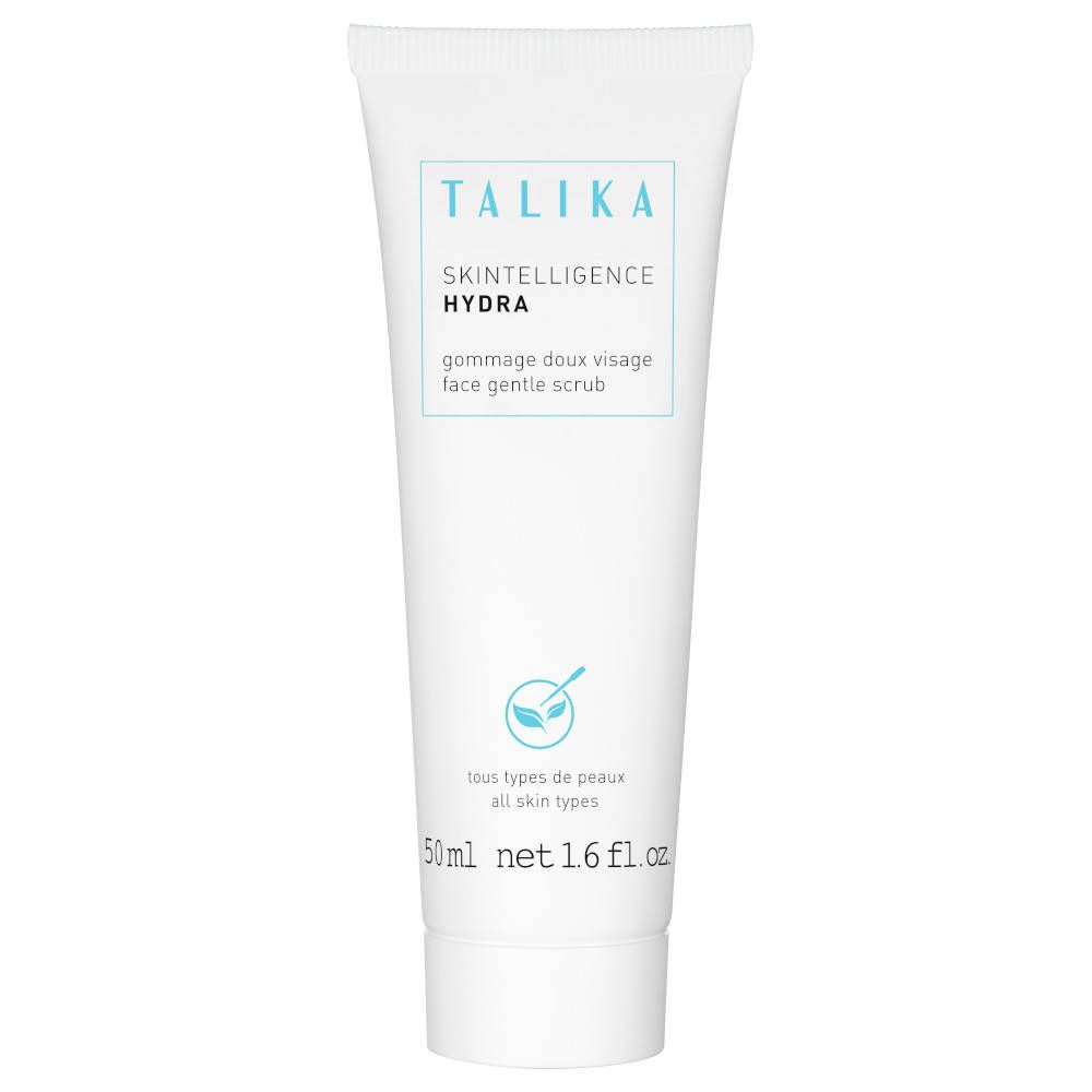 Weiße Tube mit TALIKA-Logo und Produktnamen. Text: Skintelligence Hydra, gommage doux visage, face gentle scrub. 50ml.