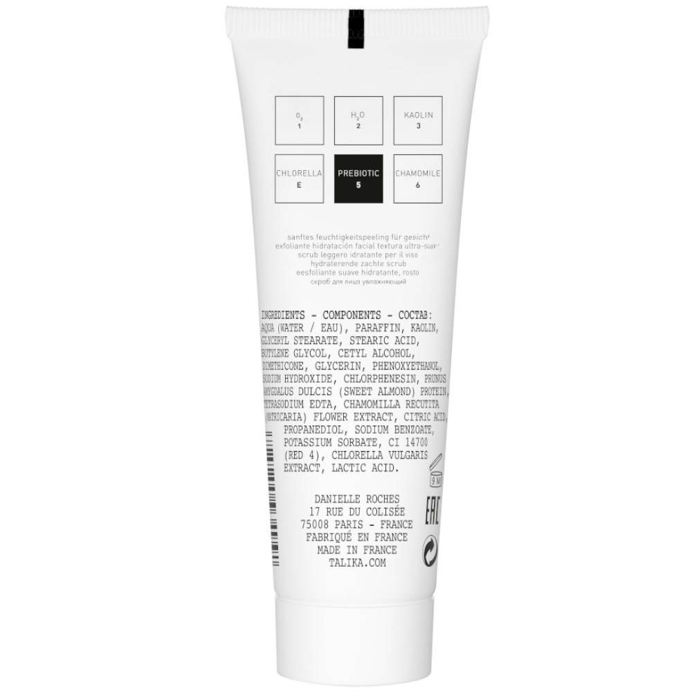 Rückseite der weißen Tube. Text: Inhaltsstoffe, Prebiotic, Chlorella, Kamille. Herstelleradresse: Danielle Roches, Paris. Made in France.