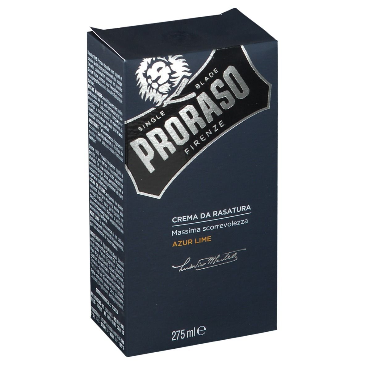 Dunkelblaue Schachtel. Logo: PRORASO, darunter „Crema da Rasatura Azur Lime“. Unten: 275 ml.