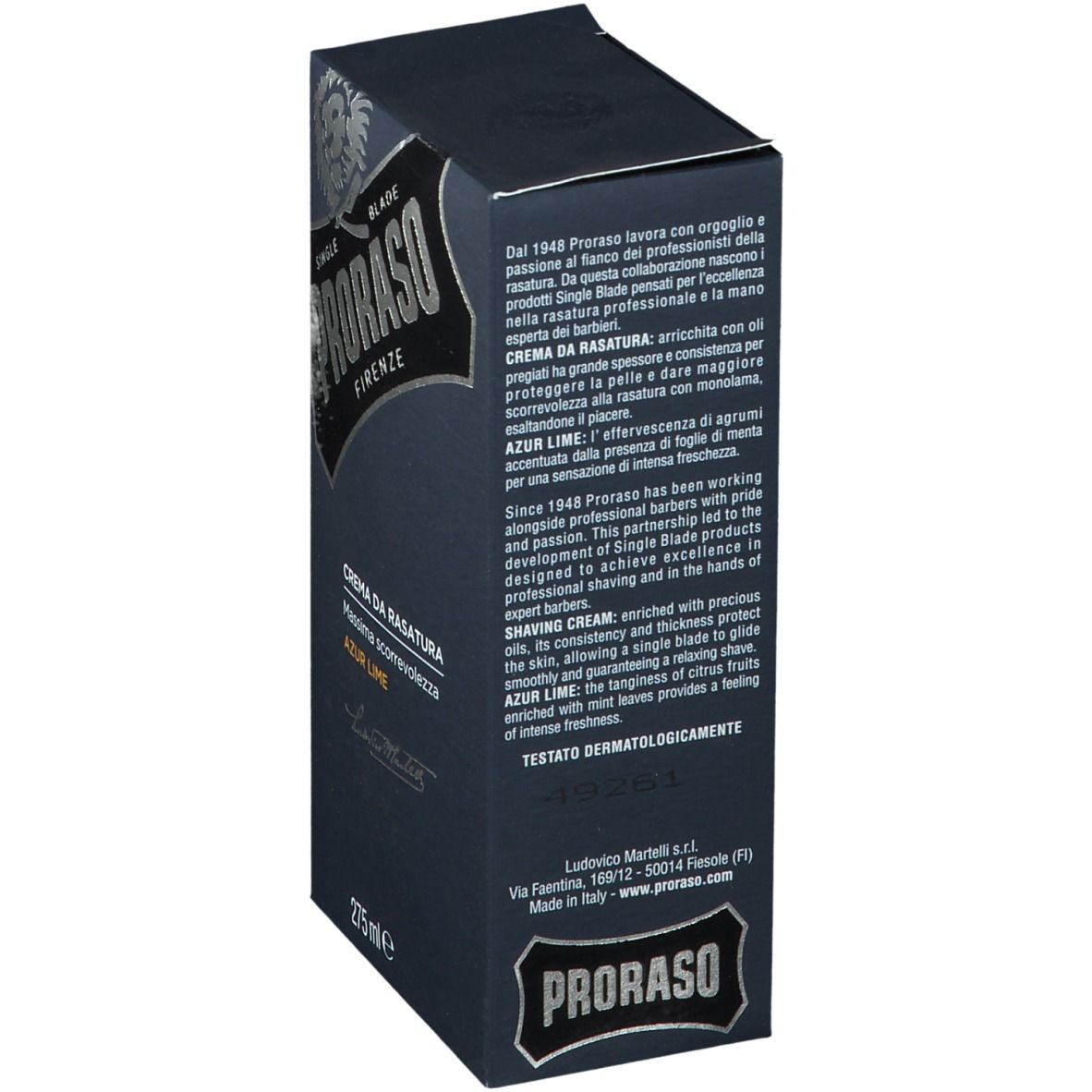 Dunkelblaue Schachtel, Seitenansicht. Text: PRORASO, „Crema da Rasatura Azur Lime“. Text in mehreren Sprachen.