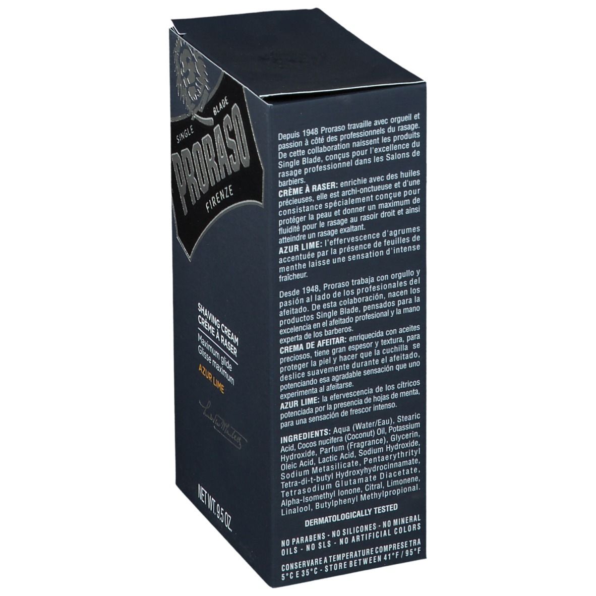 Dunkelblaue Schachtel, Seitenansicht. Text: PRORASO, „Crema da Rasatura Azur Lime“. Inhaltsstoffe und Text in mehreren Sprachen.