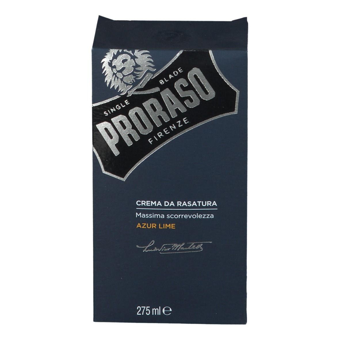 Dunkelblaue Schachtel. Logo: PRORASO, darunter „Crema da Rasatura Azur Lime“. Unten: 275 ml.