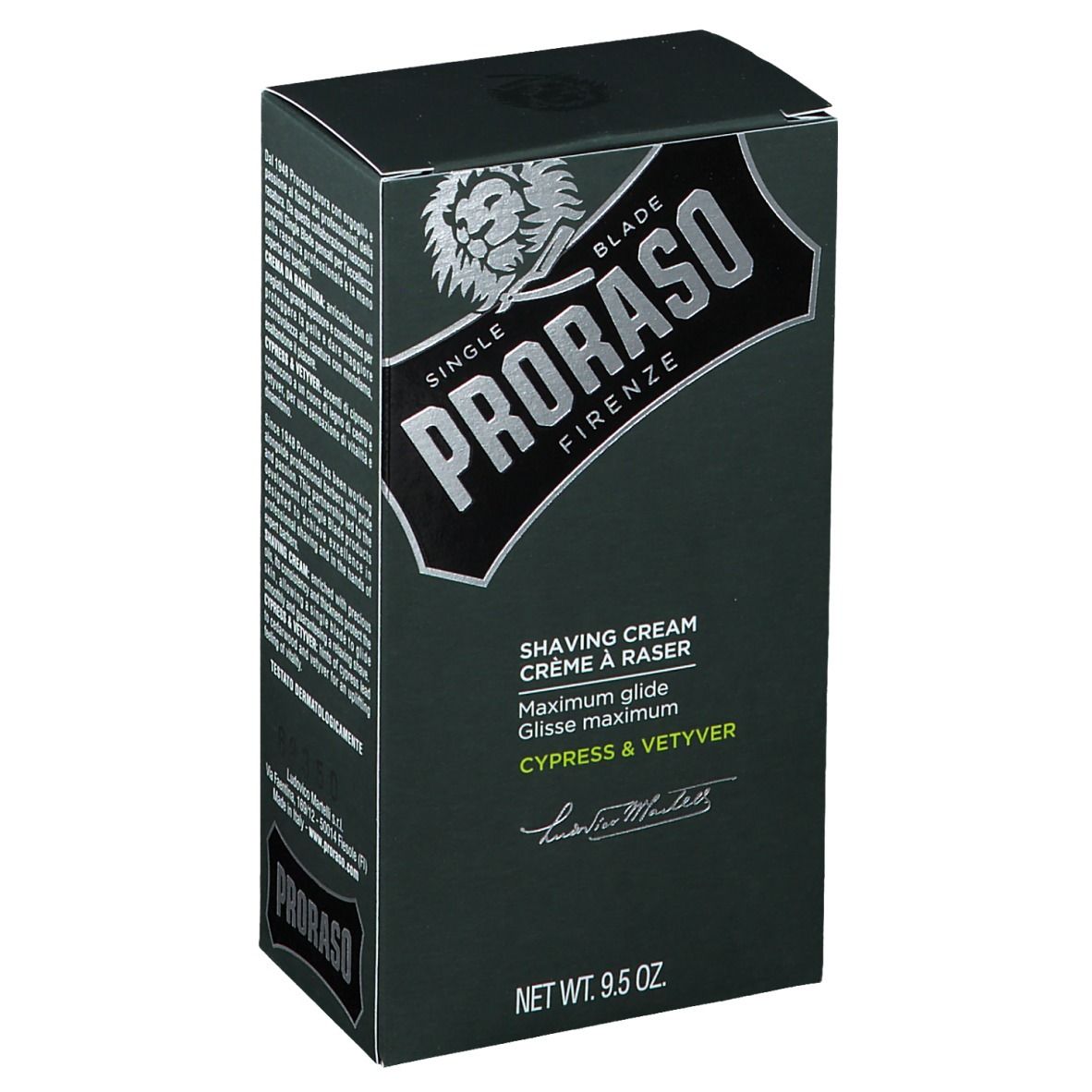 Dunkelgrüne Schachtel. Aufschrift PRORASO, Rasiercreme, Zypresse & Vetyver. Silbernes Logo mit Löwenkopf. Netto 9.5 oz.