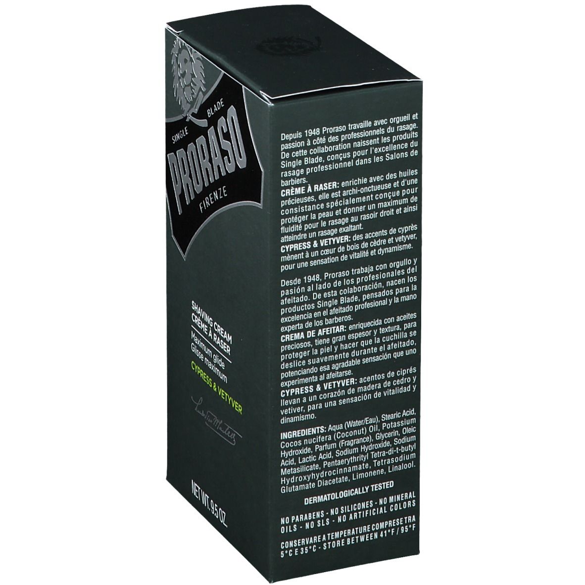 Dunkelgrüne Schachtel. Text in mehreren Sprachen. Aufschrift PRORASO, Rasiercreme, Zypresse & Vetyver. Inhaltsstoffe. Dermatologisch getestet.