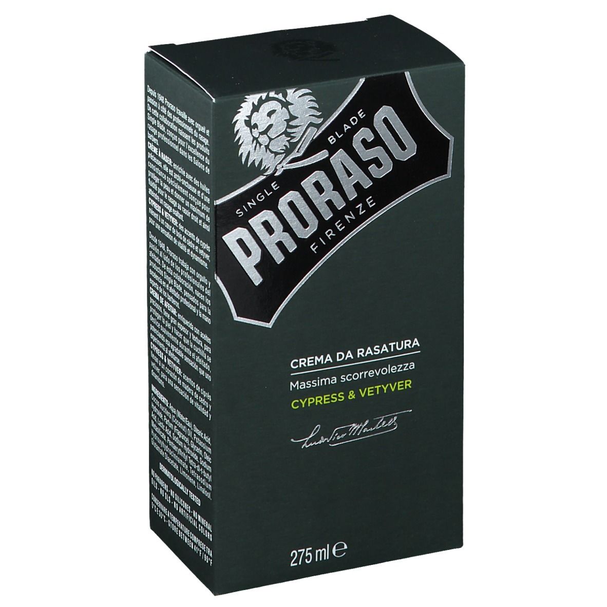 Dunkelgrüne Schachtel. Aufschrift PRORASO, Rasiercreme, Zypresse & Vetyver. Silbernes Logo mit Löwenkopf. 275 ml.