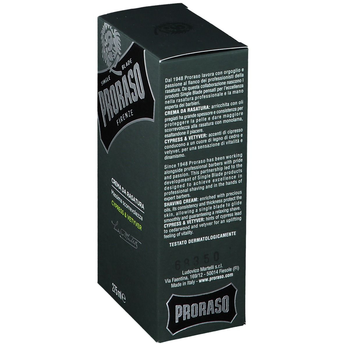Dunkelgrüne Schachtel. Text in mehreren Sprachen. Aufschrift PRORASO, Rasiercreme, Zypresse & Vetyver. 275 ml. Dermatologisch getestet.