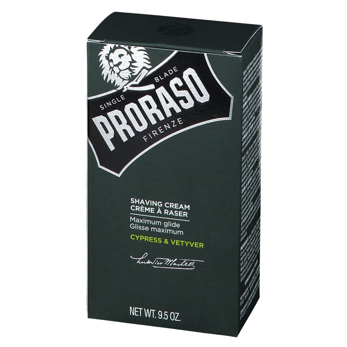 Dunkelgrüne Schachtel. Aufschrift PRORASO, Rasiercreme, Zypresse & Vetyver. Silbernes Logo mit Löwenkopf. Netto 9.5 oz.