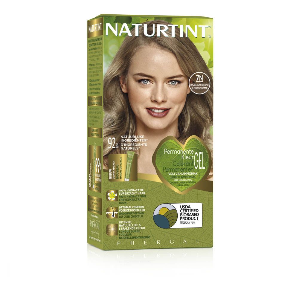 Coloration NATURTINT 7N Blond noisette. Boîte avec visage de femme et informations produit.