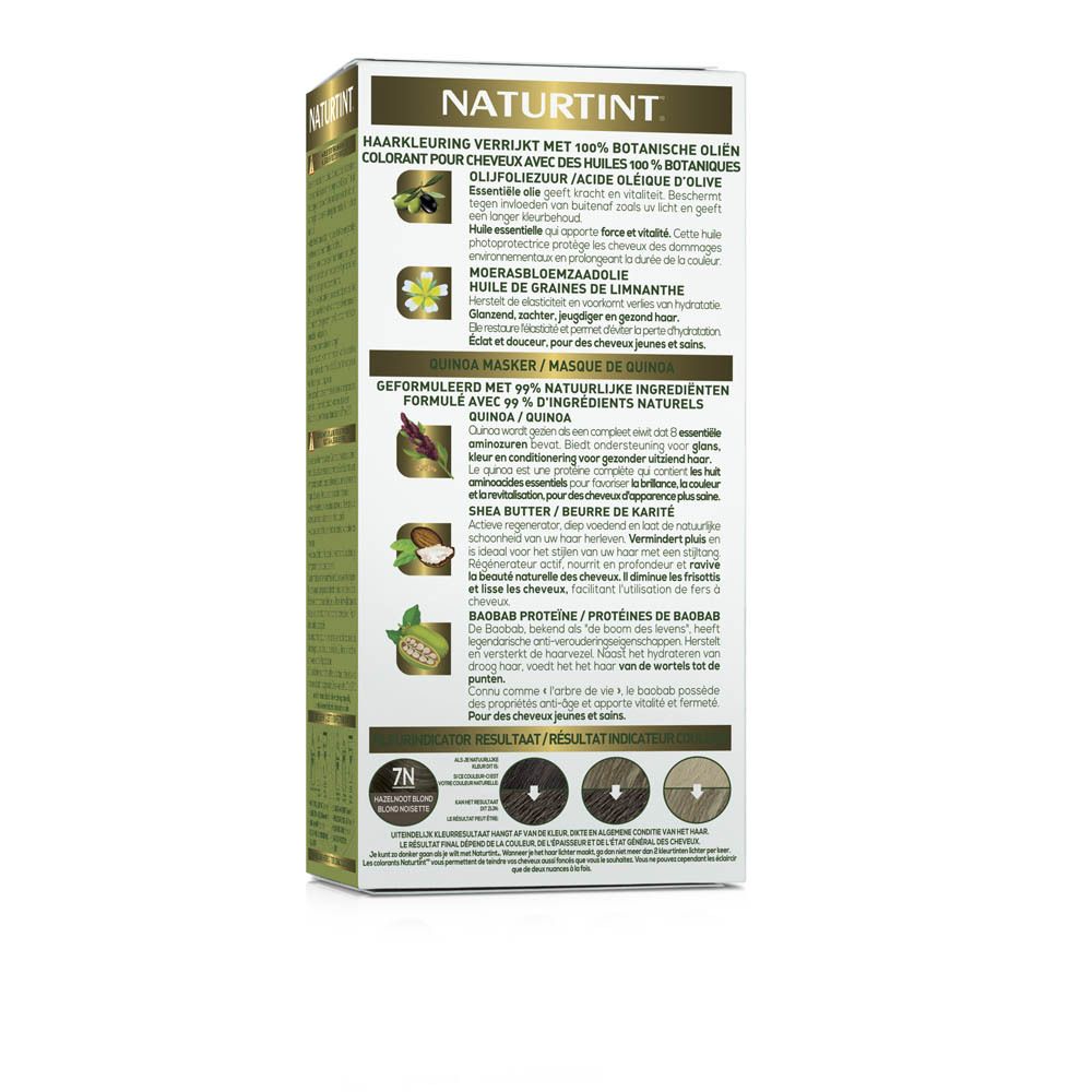 Dos de la boîte de coloration NATURTINT. Contient des informations sur les ingrédients et les résultats couleur.