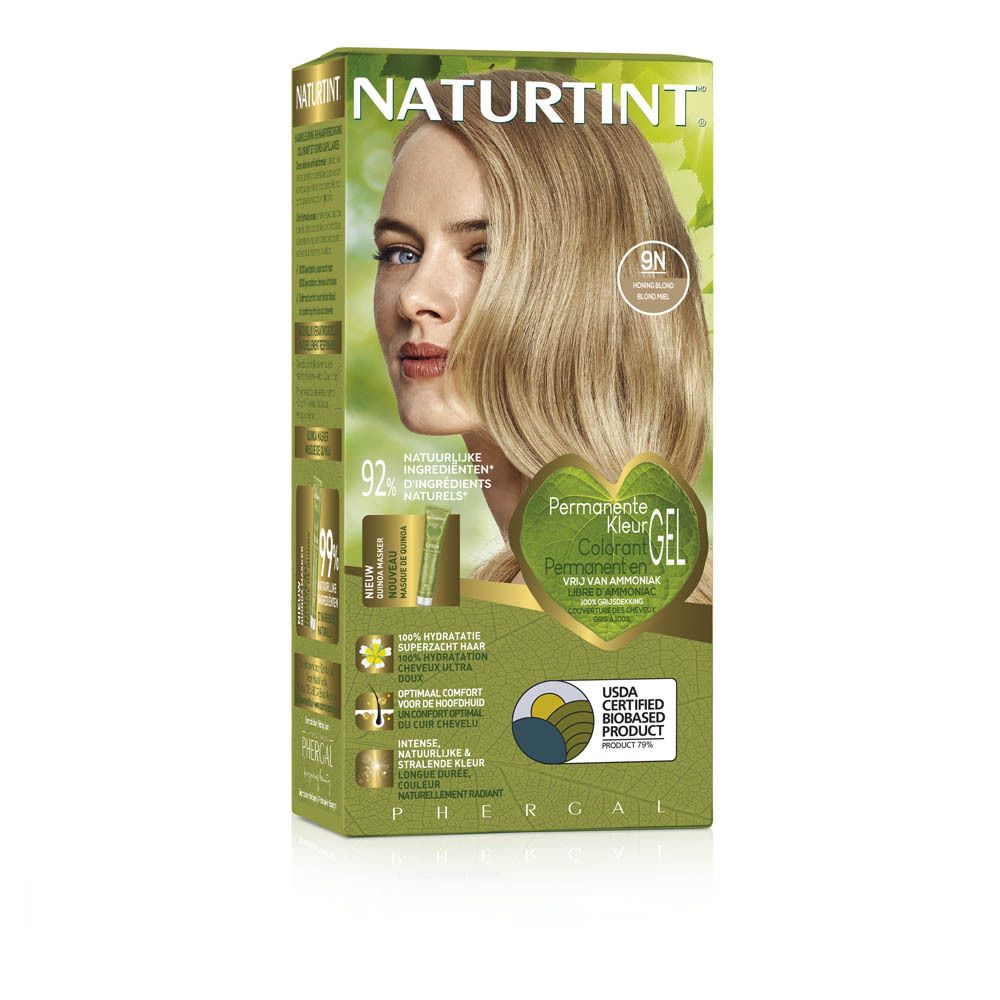 Face avant de la boîte NATURTINT® 9N. Femme, nom du produit, nuance 9N et logo Gel.