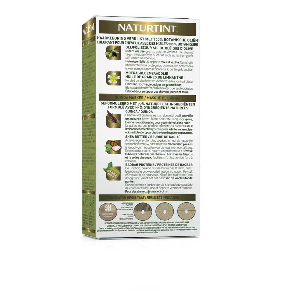 Dos de la boîte NATURTINT® 9N. Ingrédients, résultats de couleur et informations sur le produit.