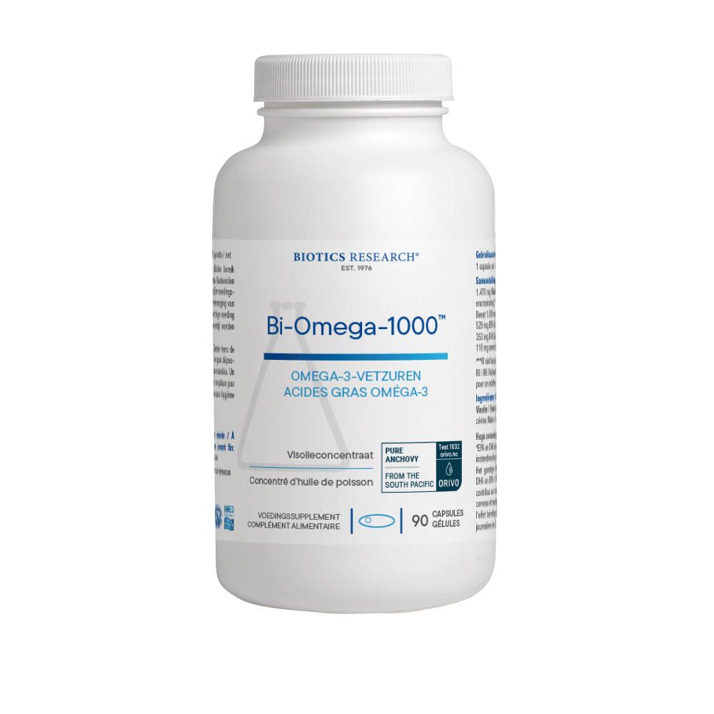 Weiße Flasche mit Kapseln. Aufschrift: Bi-Omega-1000™. 90 Kapseln. Biotics Research. Siegel: SEALED FOR YOUR PROTECTION.