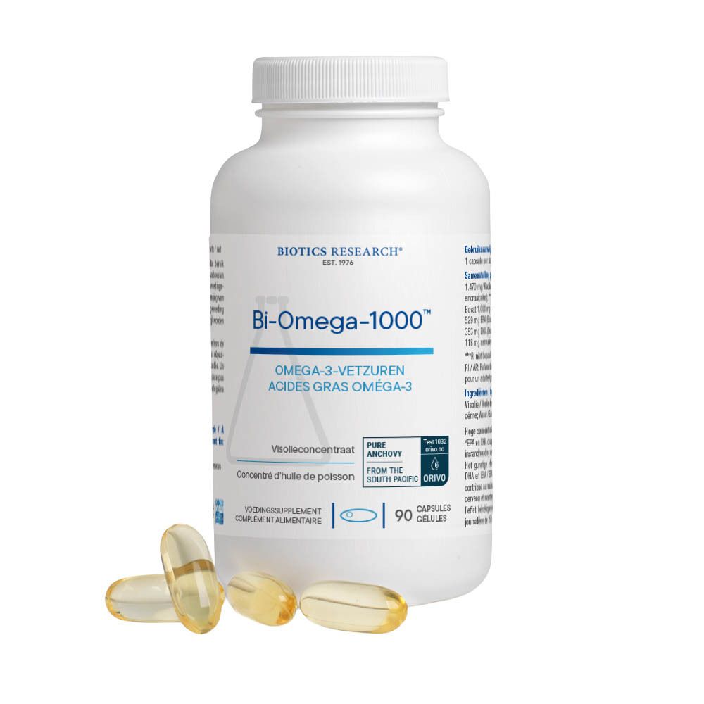 Flacon blanc de Bi-Omega-1000™ avec 90 gélules. Marque Biotics Research. 3 gélules à côté.