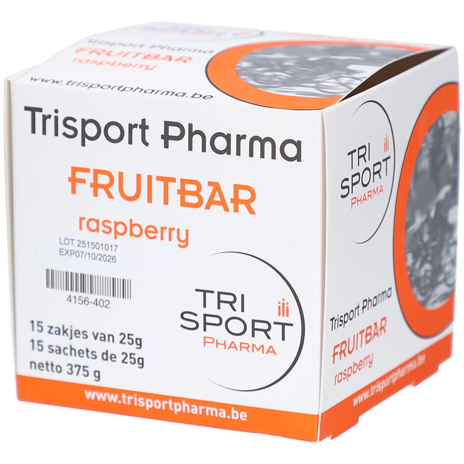 Verpackung von Trisport Pharma Fruitbar Framboise. Weißer Karton mit orangefarbenen Akzenten. Produktname und Logo sichtbar.