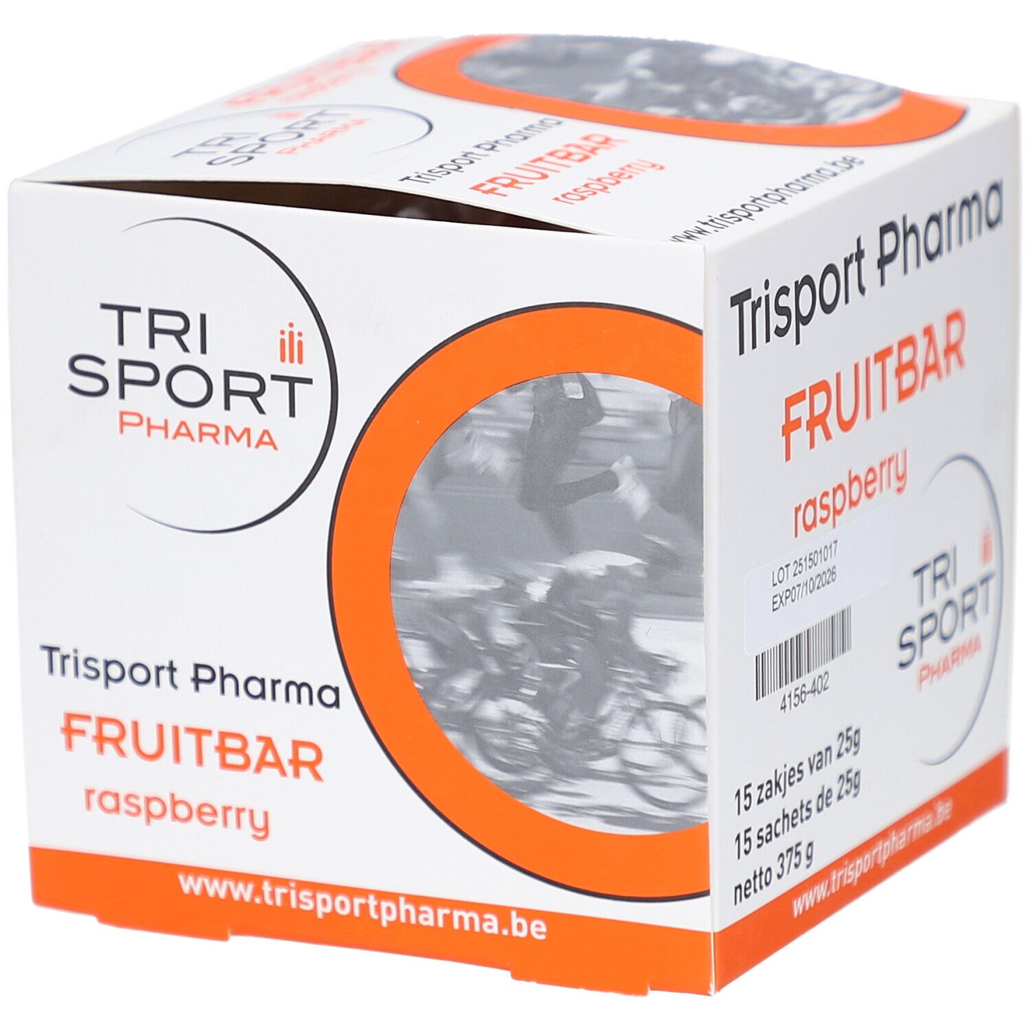 Verpackung von Trisport Pharma Fruitbar Framboise. Sichtfenster mit Radsport-Motiv. Produktname und Logo sichtbar.