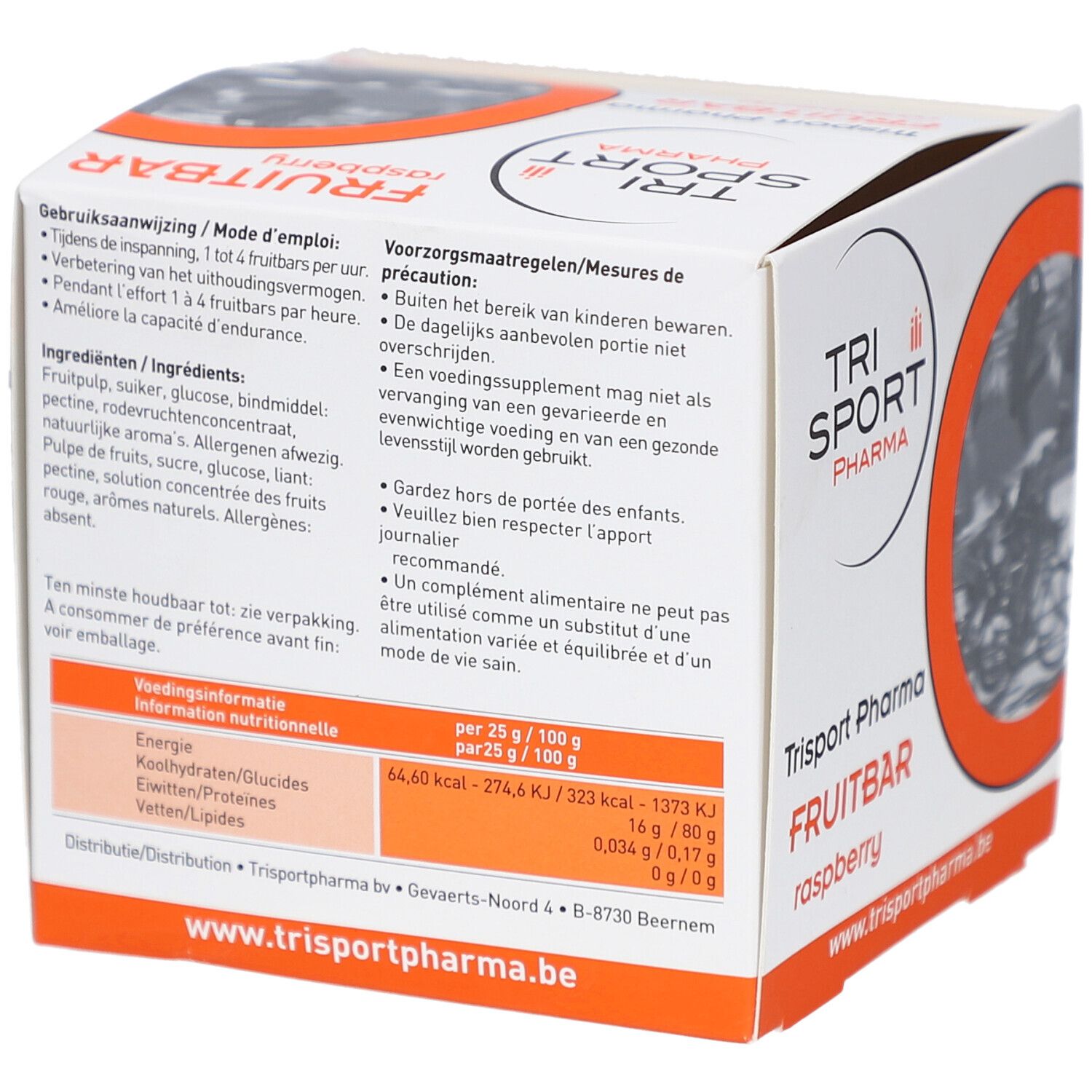Rückseite der Verpackung von Trisport Pharma Fruitbar Framboise. Text in mehreren Sprachen. Nährwertangaben.