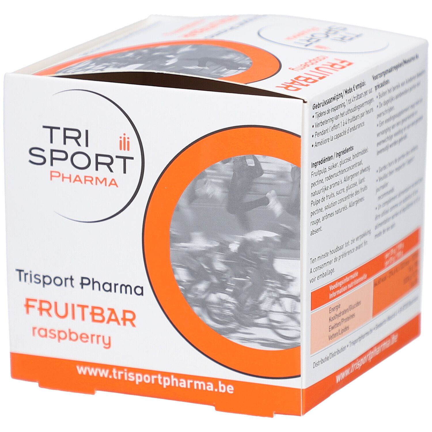 Verpackung von Trisport Pharma Fruitbar Framboise. Sichtfenster mit Radsport-Motiv. Produktname und Logo sichtbar.