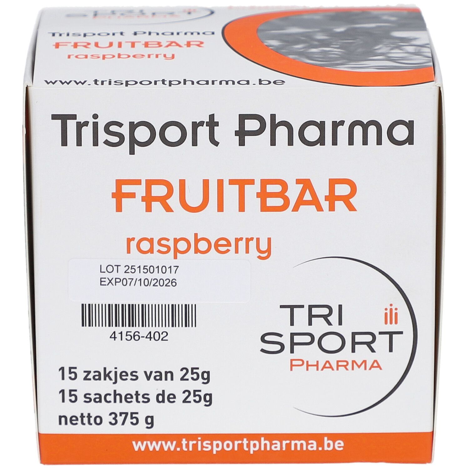 Verpackung von Trisport Pharma Fruitbar Framboise. Produktname, Logo und Chargennummer deutlich sichtbar.