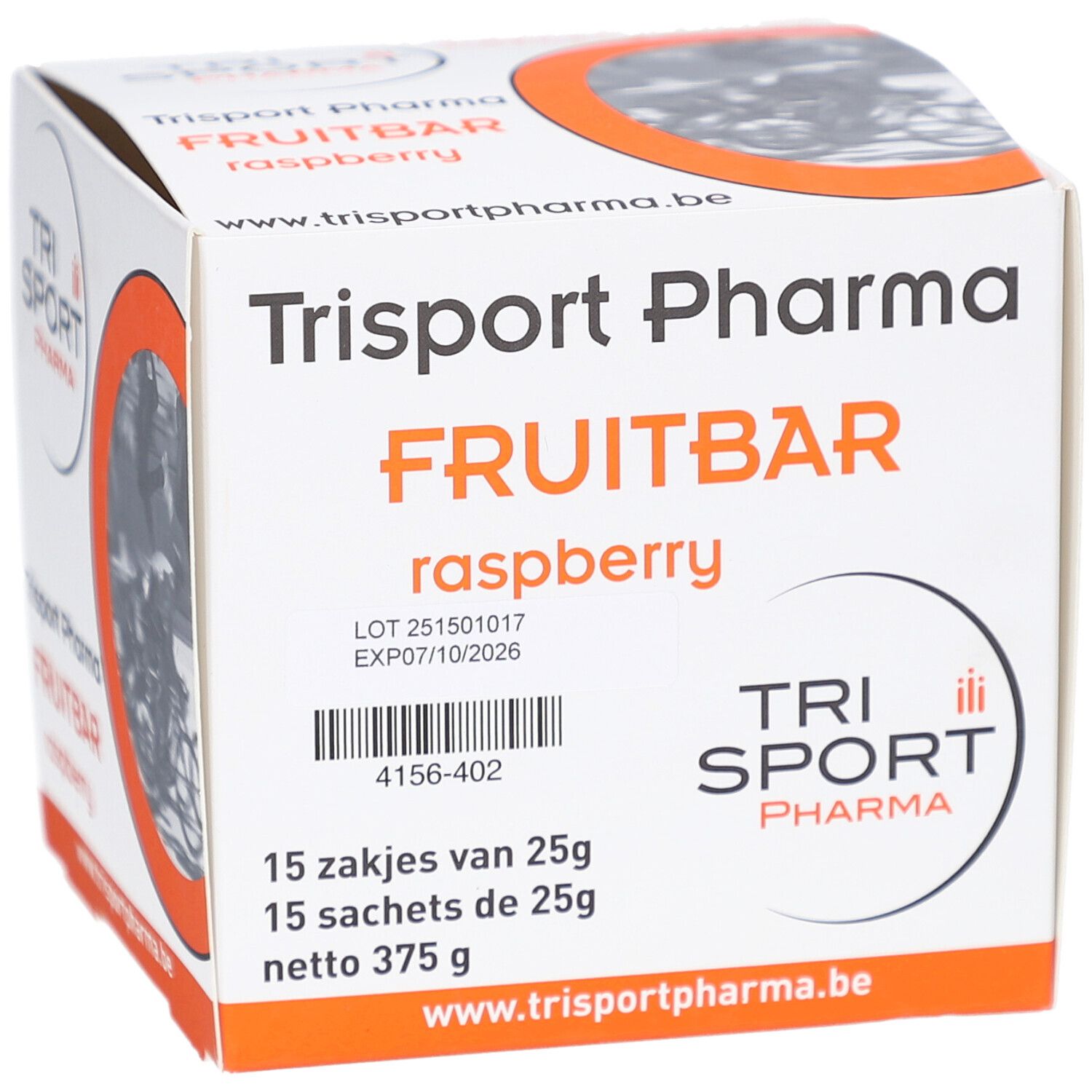 Verpackung von Trisport Pharma Fruitbar Framboise. Produktname, Logo und Chargennummer deutlich sichtbar.