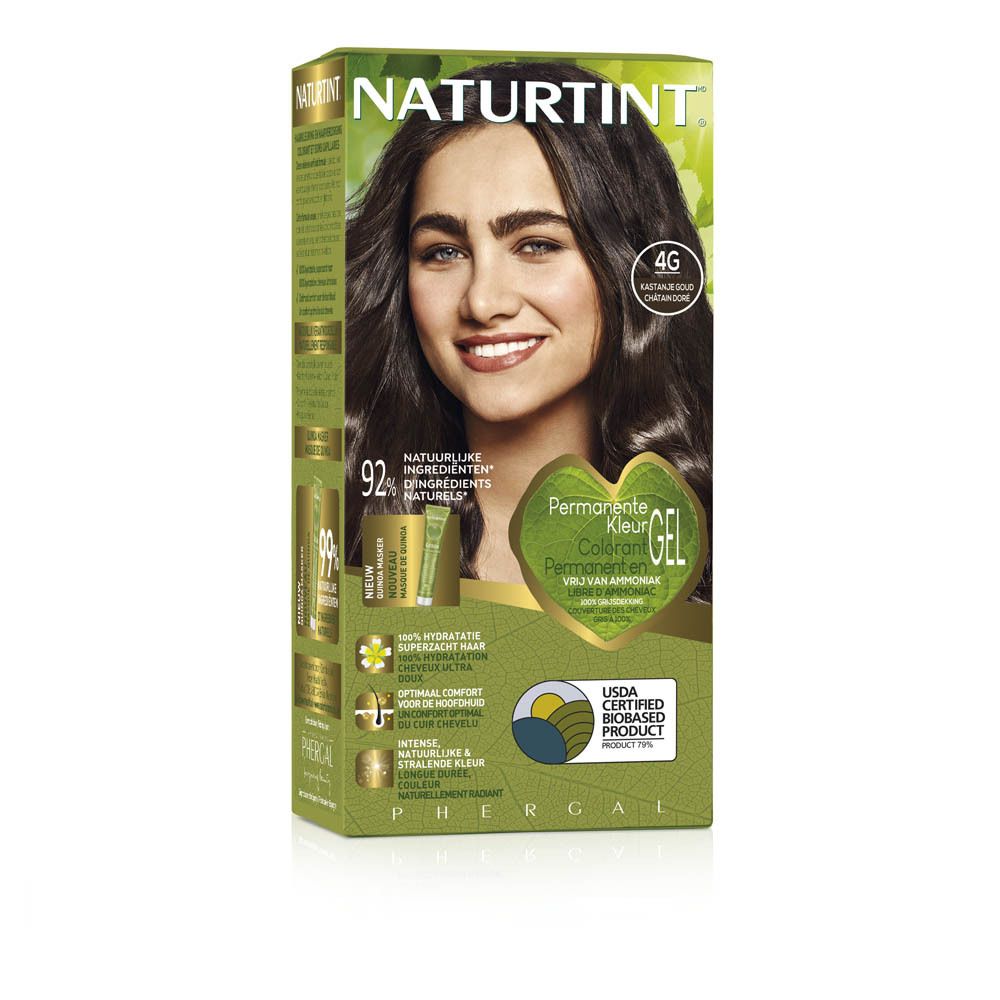 Boîte NATURTINT® 4G Châtaigne Doré. Femme aux cheveux bruns. Texte: 92% ingrédients naturels.