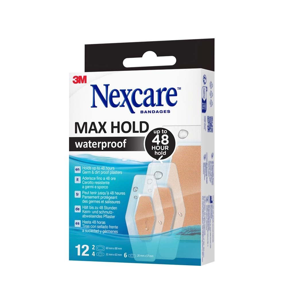 Nexcare Max Hold wasserfeste Pflasterpackung. Enthält 12 Pflaster. Marke, Produktname, Eigenschaften und 3M Logo.