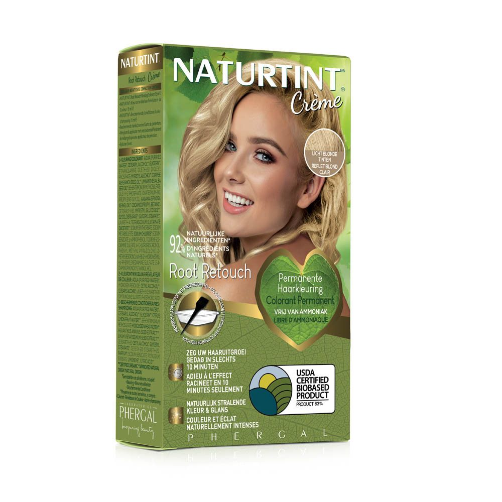 Boîte de crème colorante pour cheveux. NATURTINT® Root Retouch. Blond clair. Femme blonde. Certification USDA.