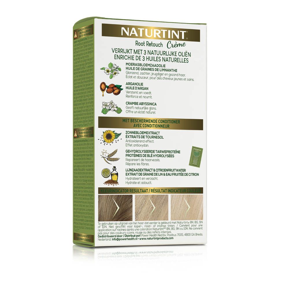 Dos de l'emballage de la crème colorante pour cheveux. NATURTINT® Root Retouch. Ingrédients. Indicateur de résultat.