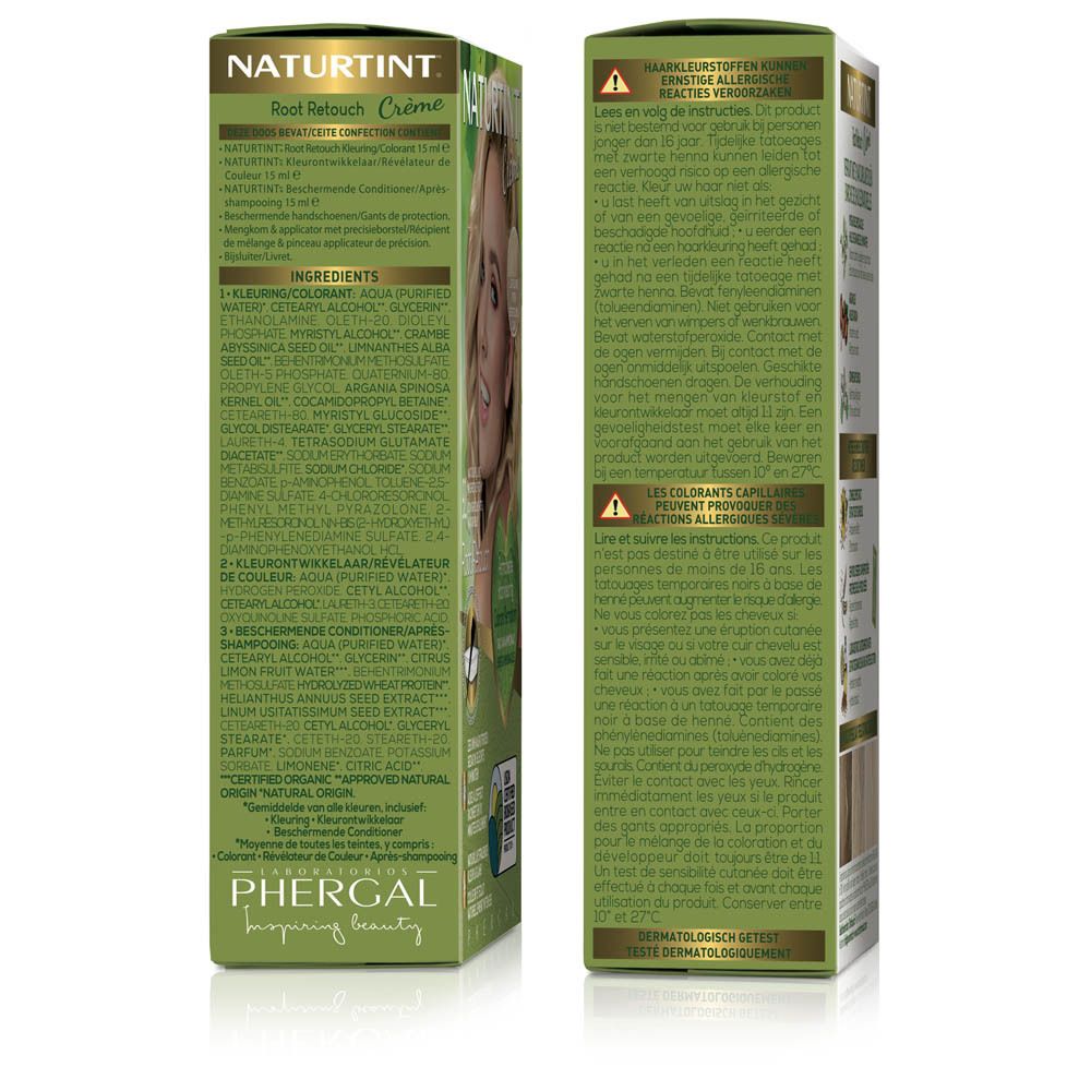 Emballage de la crème colorante pour cheveux NATURTINT® Root Retouch. Ingrédients et instructions. Arrière de l'emballage.