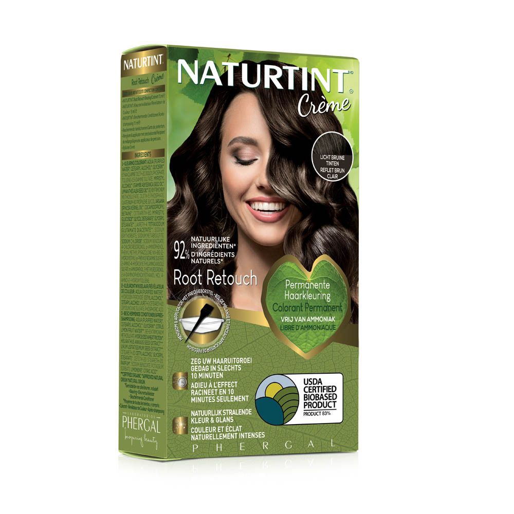 Boîte NATURTINT® Root Retouch. Femme aux cheveux bruns. Reflet brun clair. 92% ingrédients naturels. Coloration permanente.