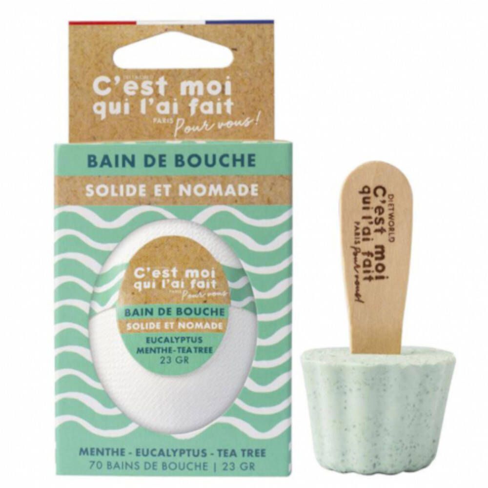 Produit de soin bucco-dentaire solide et nomade, avec applicateur en bois. Ingrédients : menthe, eucalyptus, tea tree.