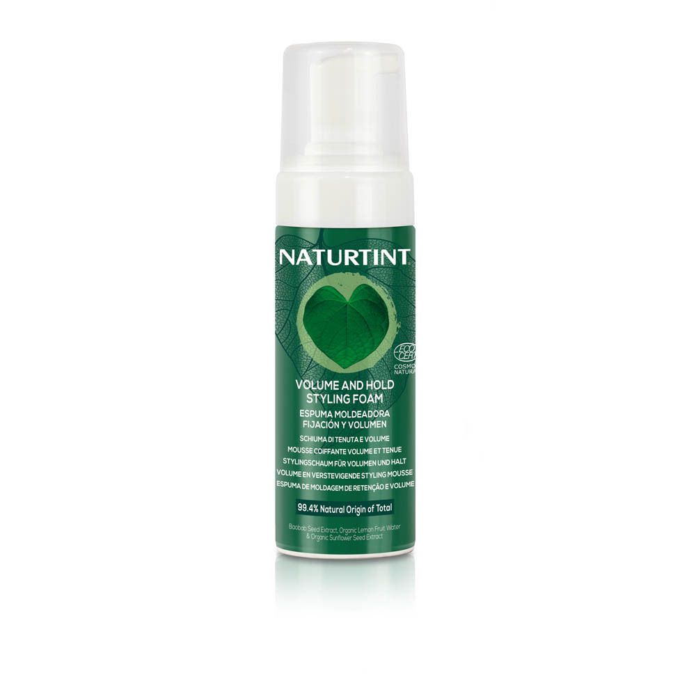 Flacon blanc avec étiquette verte. Inscription NATURTINT, Mousse Volume, COSMOS NATURAL. Bouchon transparent.