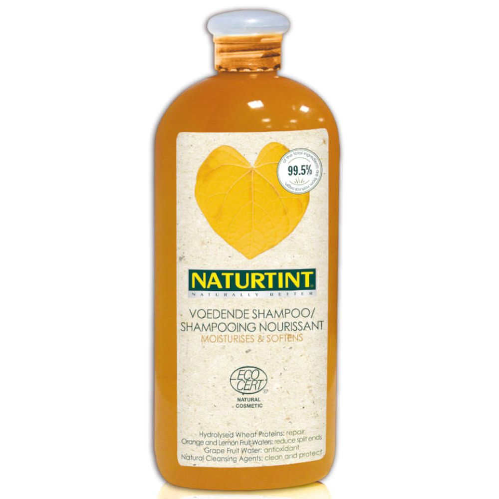 Orangefarbene Flasche mit weißem Deckel. Etikett mit Produktnamen NATURTINT und ECOCERT-Siegel. Blatt-Symbol.