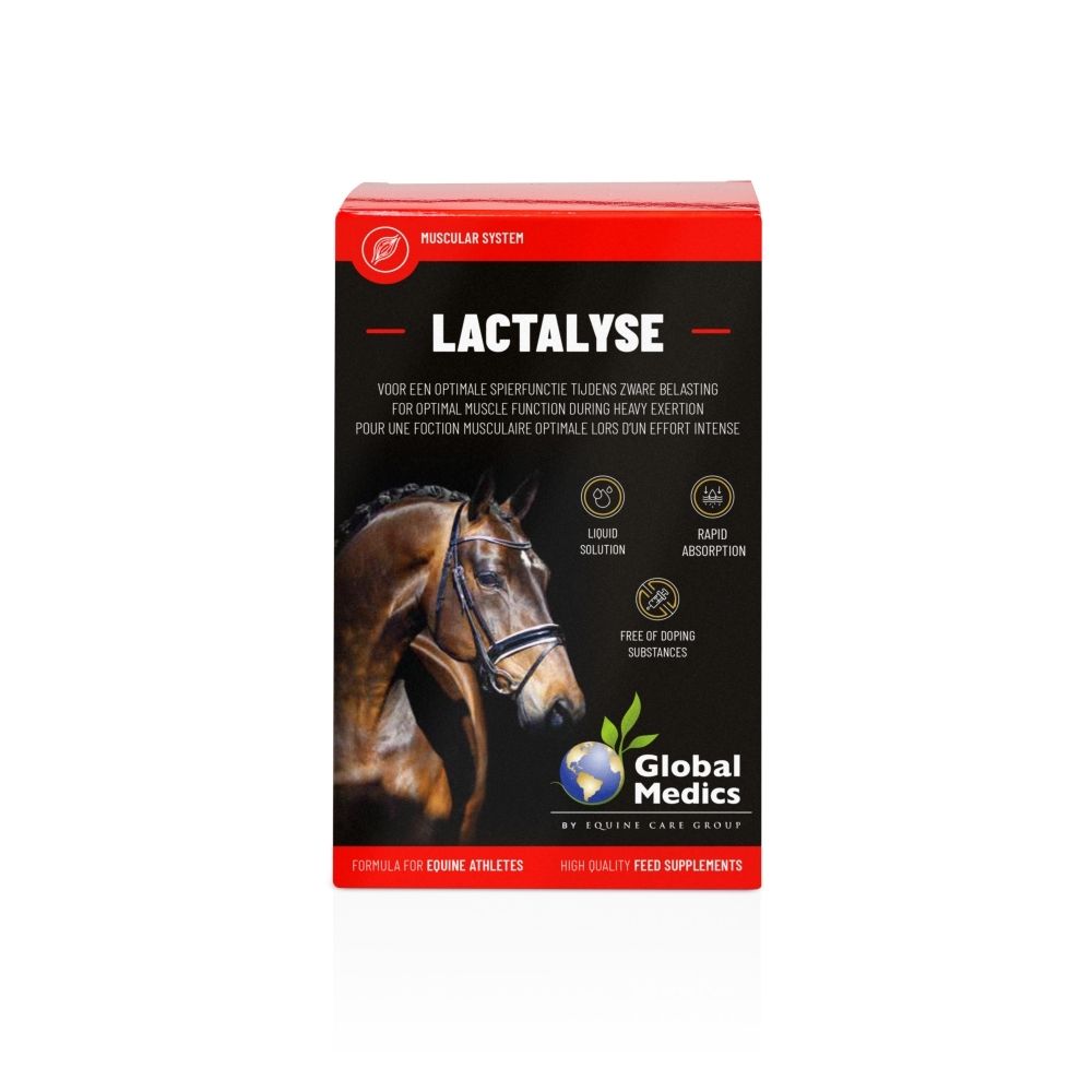 Emballage rouge avec impression noire, montrant un cheval et des informations sur Lactalyse.