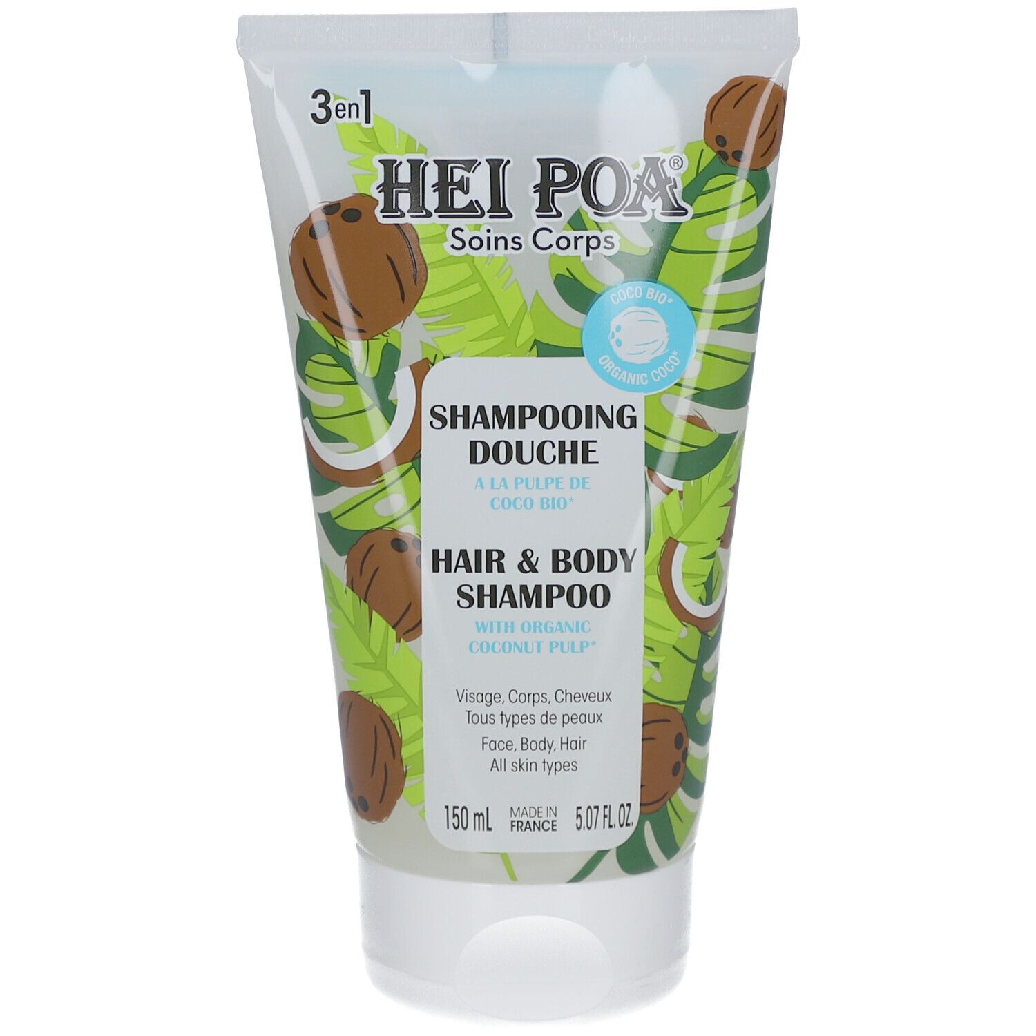 Weiß-transparente Tube mit grünen und braunen Kokosnuss-Illustrationen. Text: Hei Poa, Shampooing Douche, Hair & Body Shampoo.
