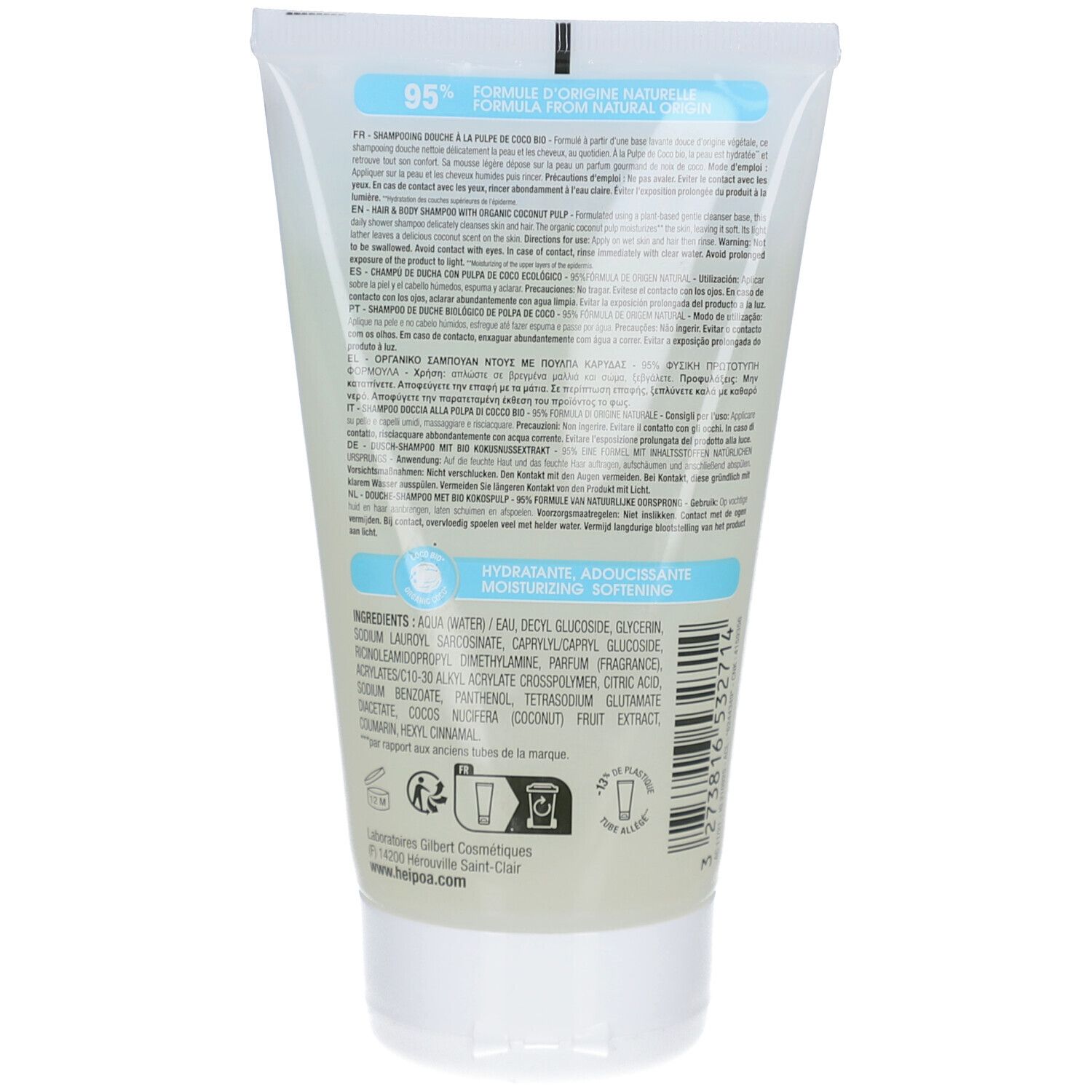 Rückseite einer weißen Tube. Text: 95% Formule d'origine naturelle. Inhaltsstoffe und Anweisungen in mehreren Sprachen.