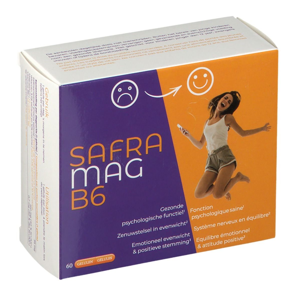 Verpackung von SafraMag B6. Lila und orangefarbenes Design mit Produktnamen und einer springenden Frau. Enthält 60 Kapseln.