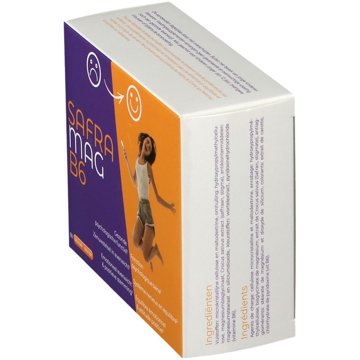 SafraMag B6-Verpackung, schräg von oben. Lila und orangefarbenes Design mit Produktnamen und einer springenden Frau. Text auf der Seite.