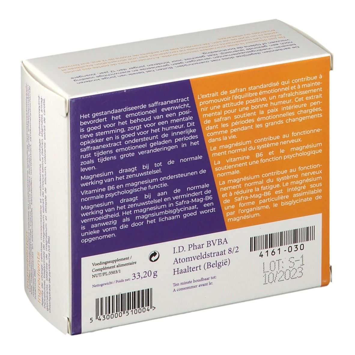 Rückseite der SafraMag B6-Verpackung. Lila und weiß mit Text. Enthält Informationen über Inhaltsstoffe und Hersteller.