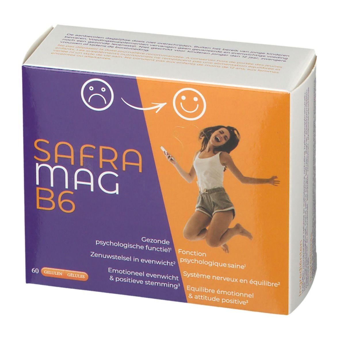 Verpackung von SafraMag B6. Lila und orangefarbenes Design mit Produktnamen und einer springenden Frau. Enthält 60 Kapseln.