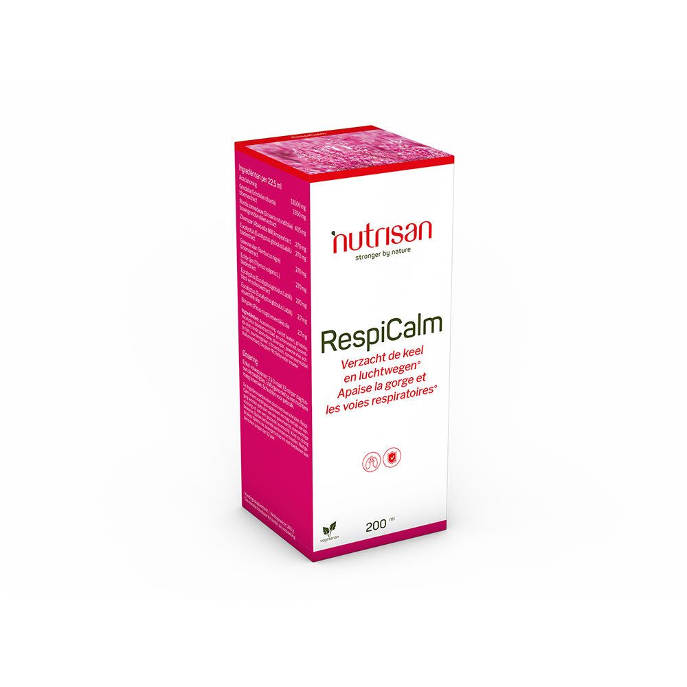 Boîte rose Nutrisan Respicalm. Texte: Verzacht de keel en luchtwegen, Apaisé la gorge et les voies respiratoires. 200 ml.