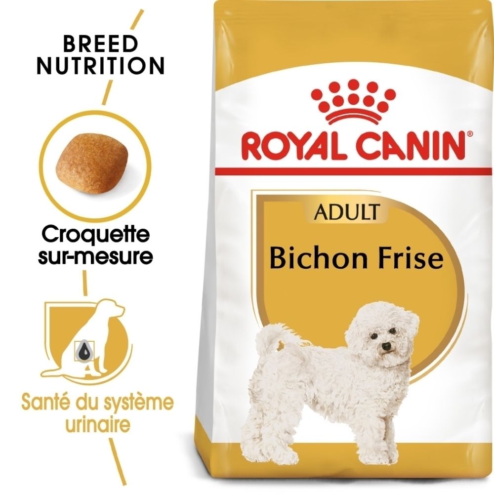 Royal Canin Hundefutter für ausgewachsene Bichon Frisé. Beutel mit Hundebild und Produktinformationen.